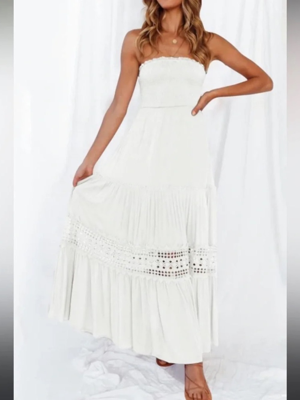 ZESICA White Strapless Boho Smocked Maxi Dress Size Small Lace Crochet